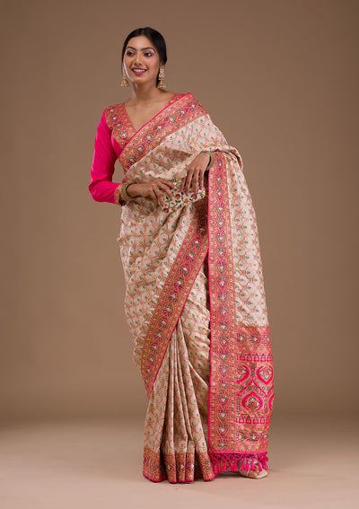 Cream Cutdana Banarasi Silk Saree-Koskii