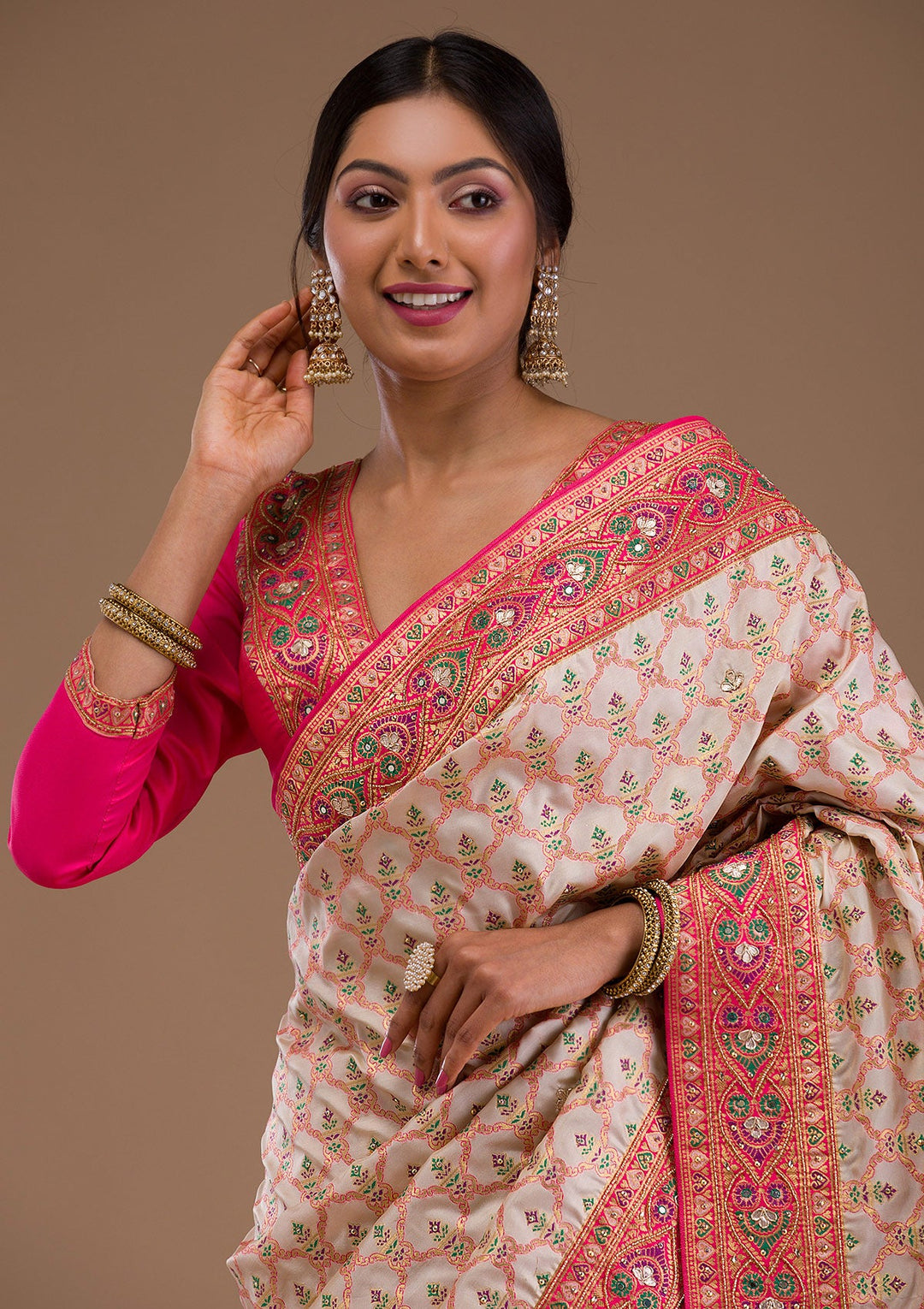 Cream Cutdana Banarasi Silk Saree-Koskii
