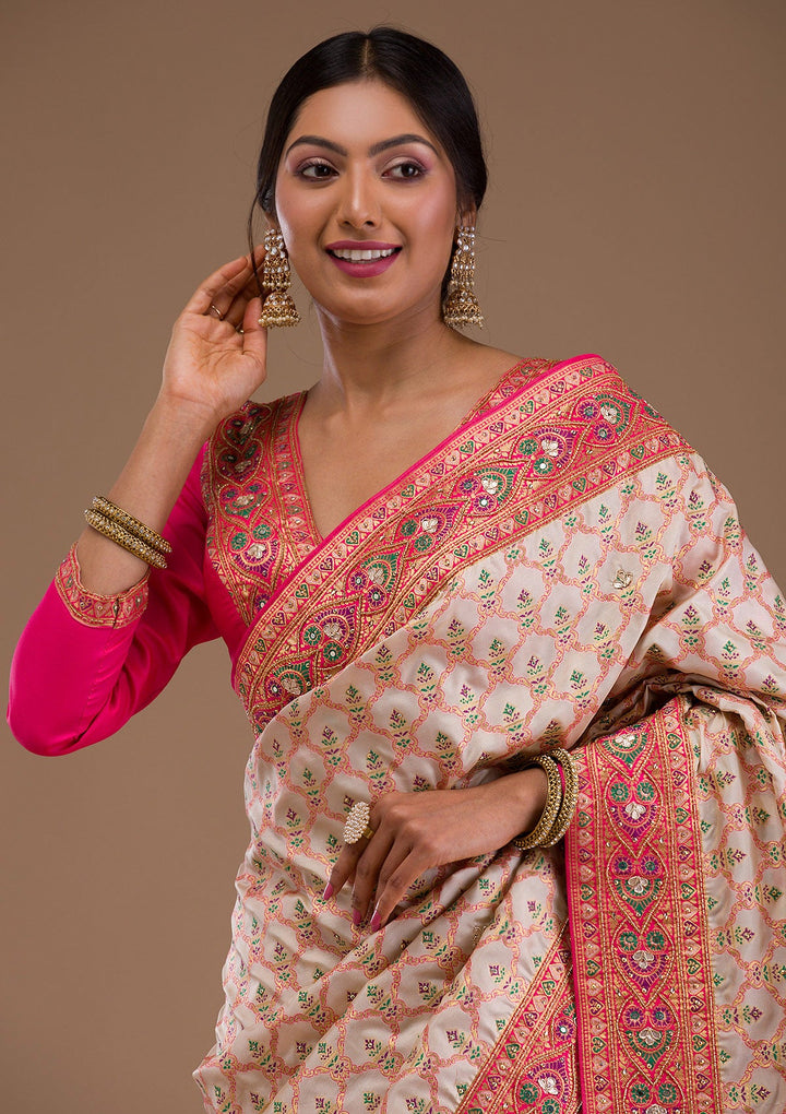 Cream Cutdana Banarasi Silk Saree-Koskii