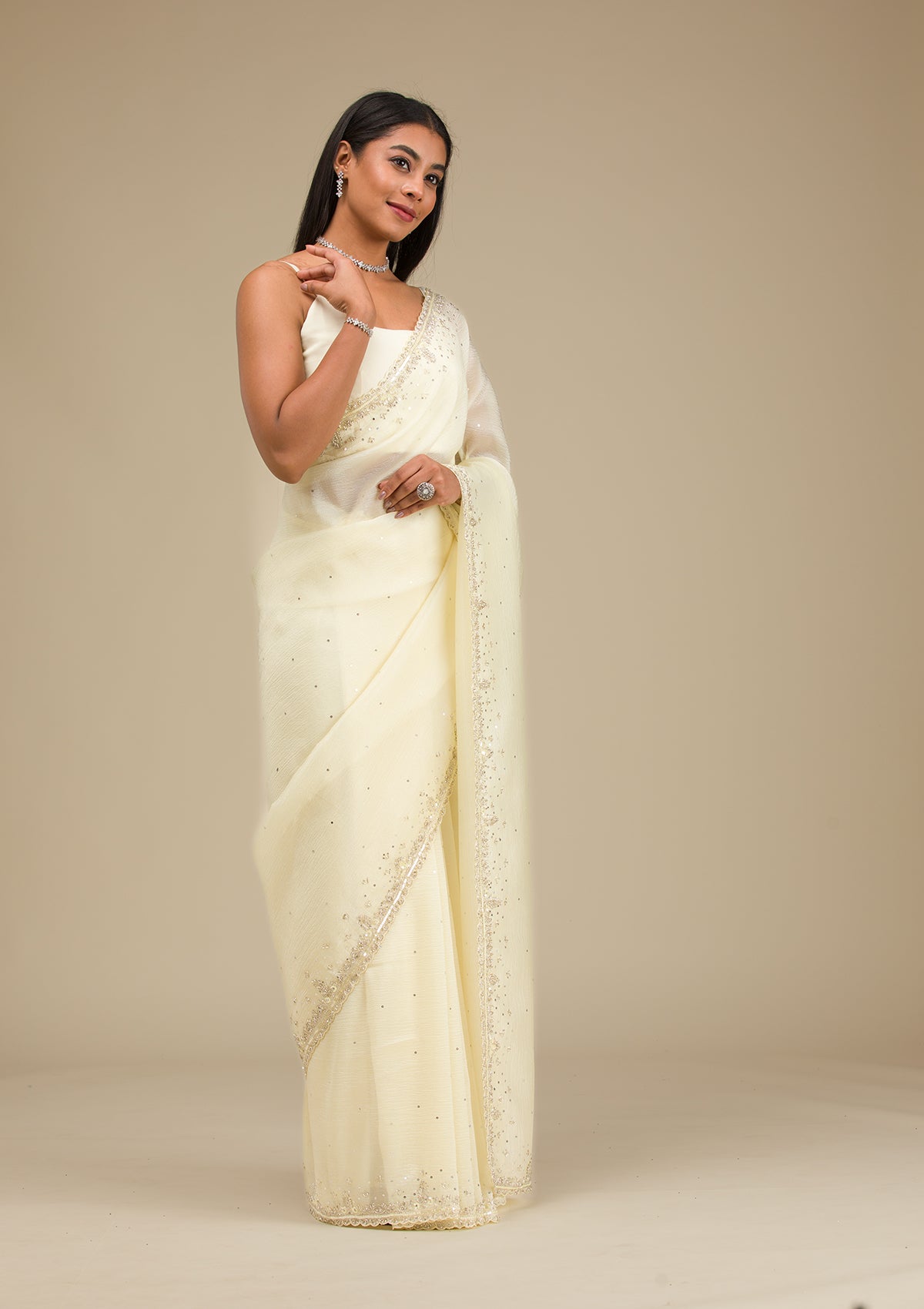 Cream Cutdana Georgette Saree-Koskii