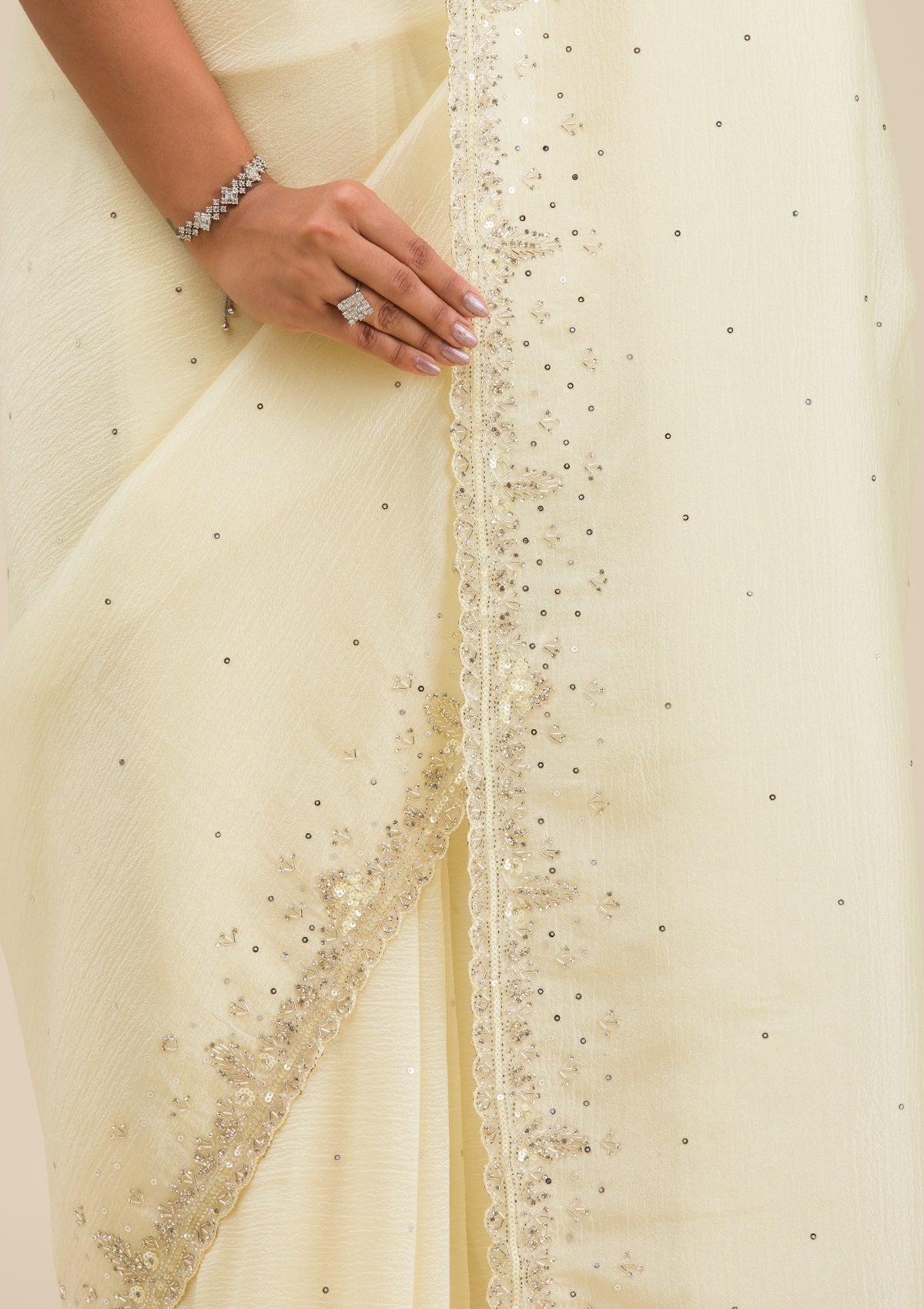 Cream Cutdana Georgette Saree-Koskii