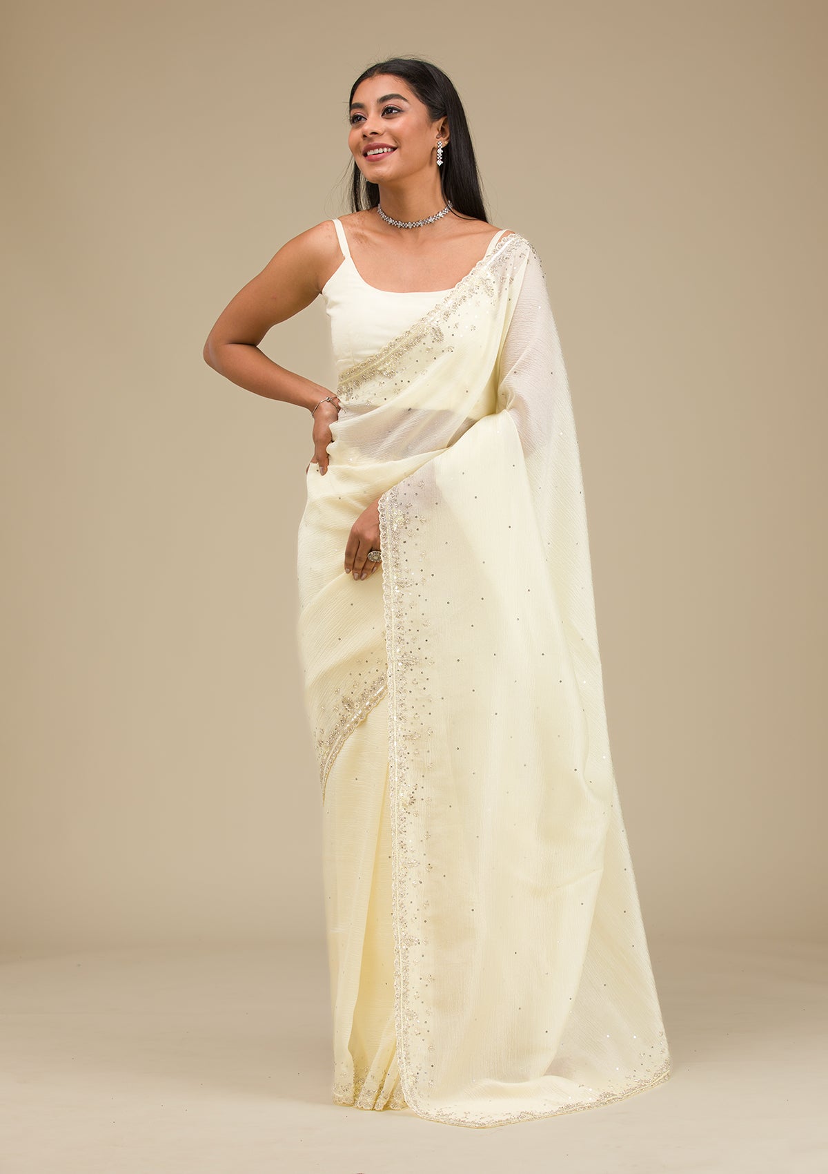 Cream Cutdana Georgette Saree-Koskii