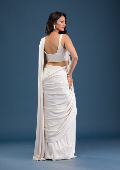 Cream Cutdana Satin Saree-Koskii