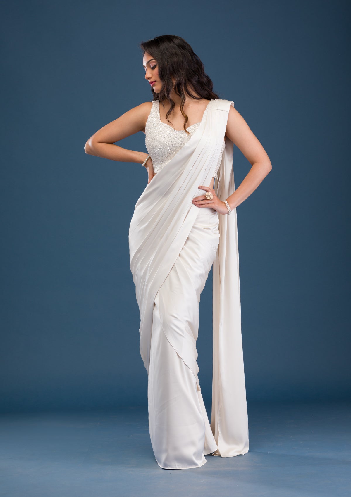 Cream Cutdana Satin Saree-Koskii