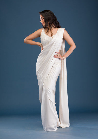 Cream Cutdana Satin Saree-Koskii