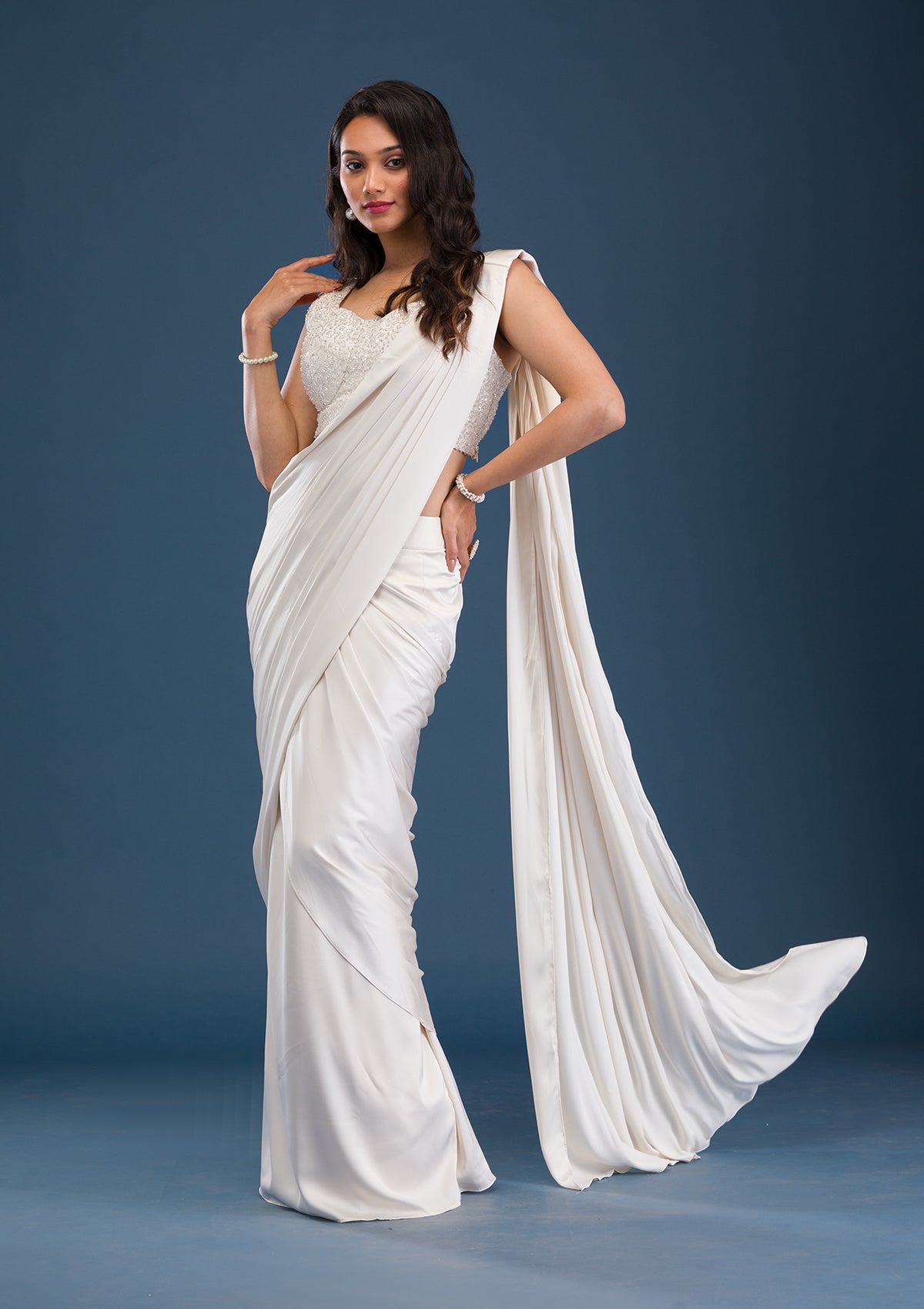 Cream Cutdana Satin Saree-Koskii