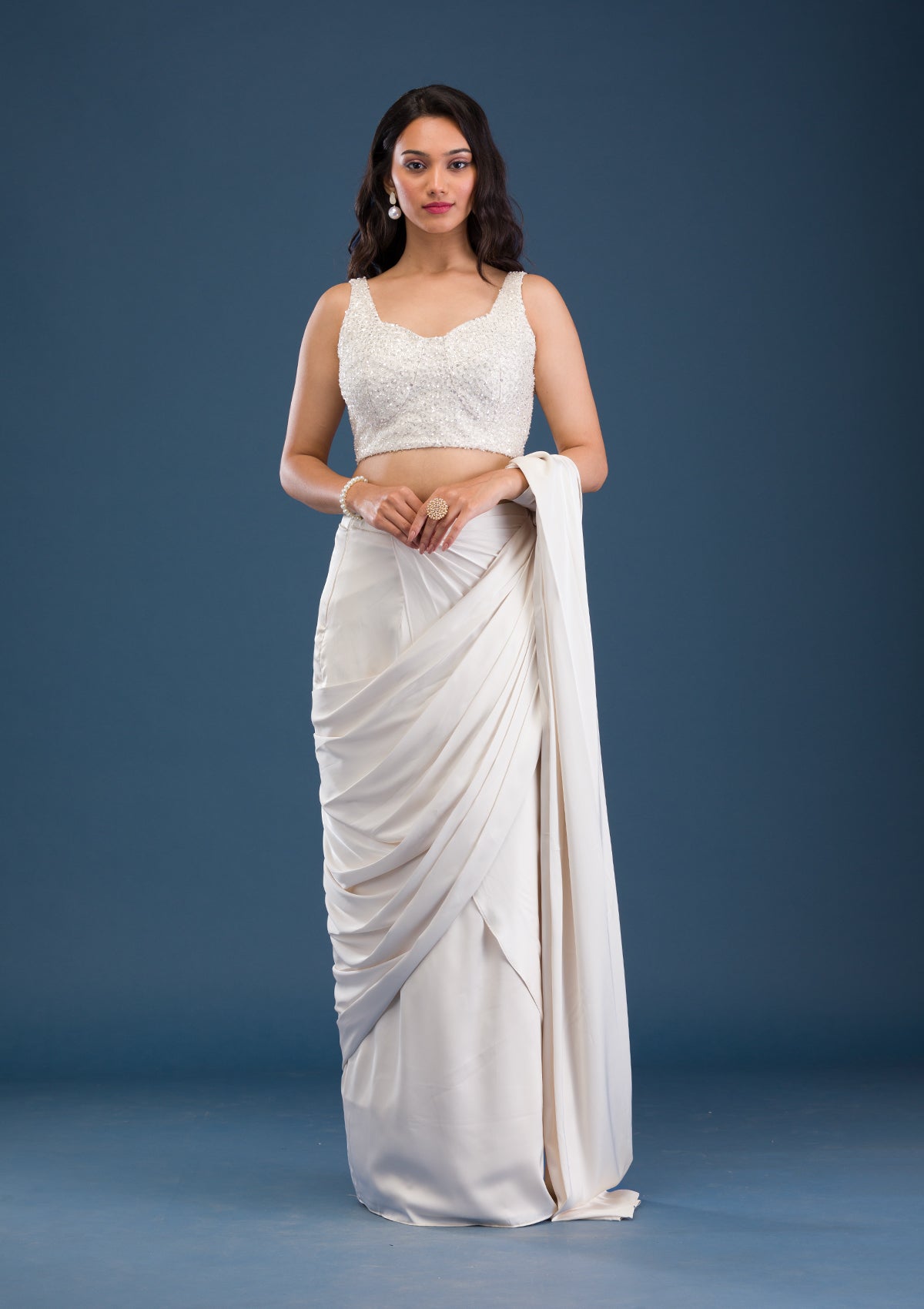 Cream Cutdana Satin Saree-Koskii