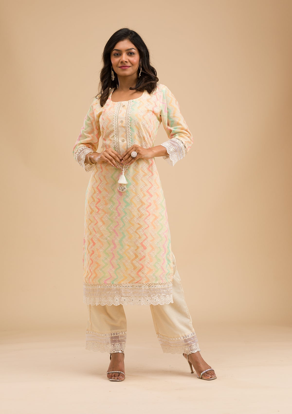 Cream Cutwork Cotton Readymade Salwar Kameez-Koskii