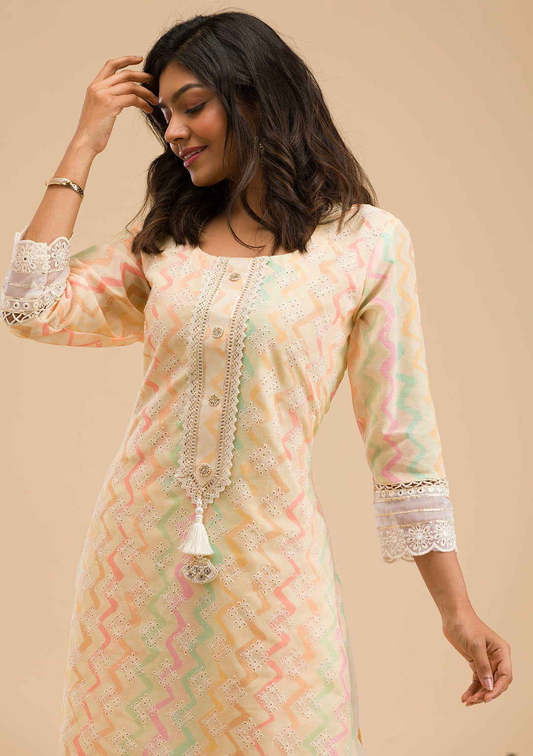 Cream Cutwork Cotton Readymade Salwar Kameez-Koskii