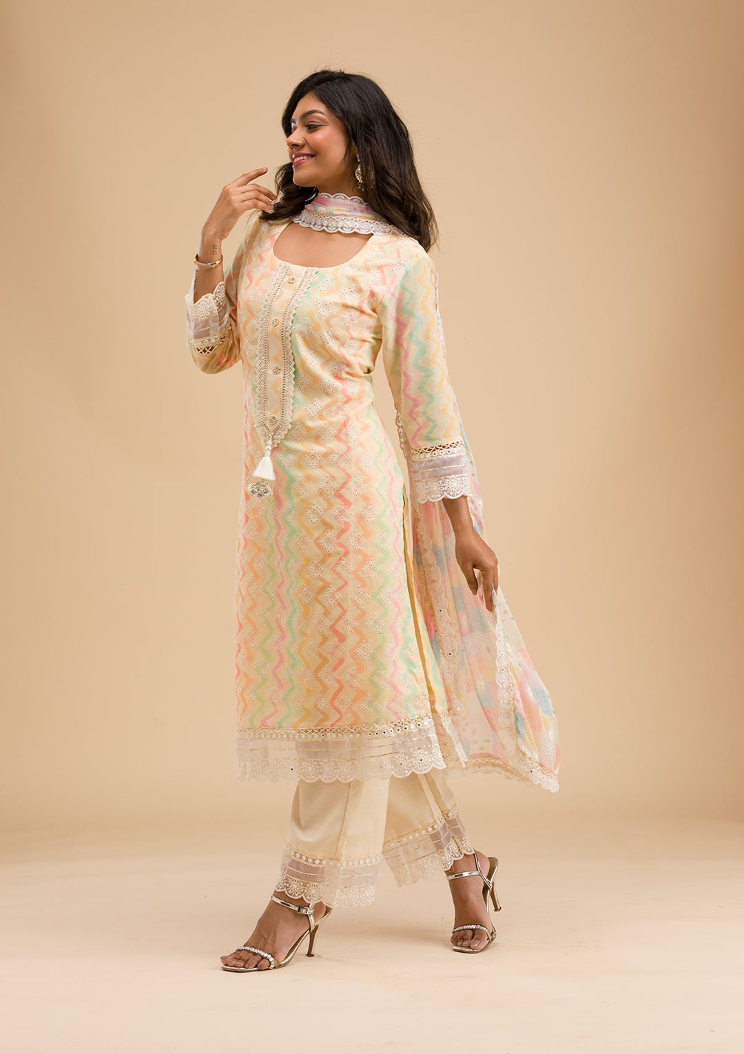 Cream Cutwork Cotton Readymade Salwar Kameez-Koskii