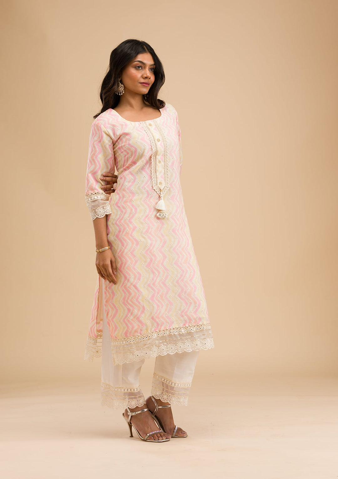 Peach Cutwork Cotton Readymade Salwar Kameez-Koskii