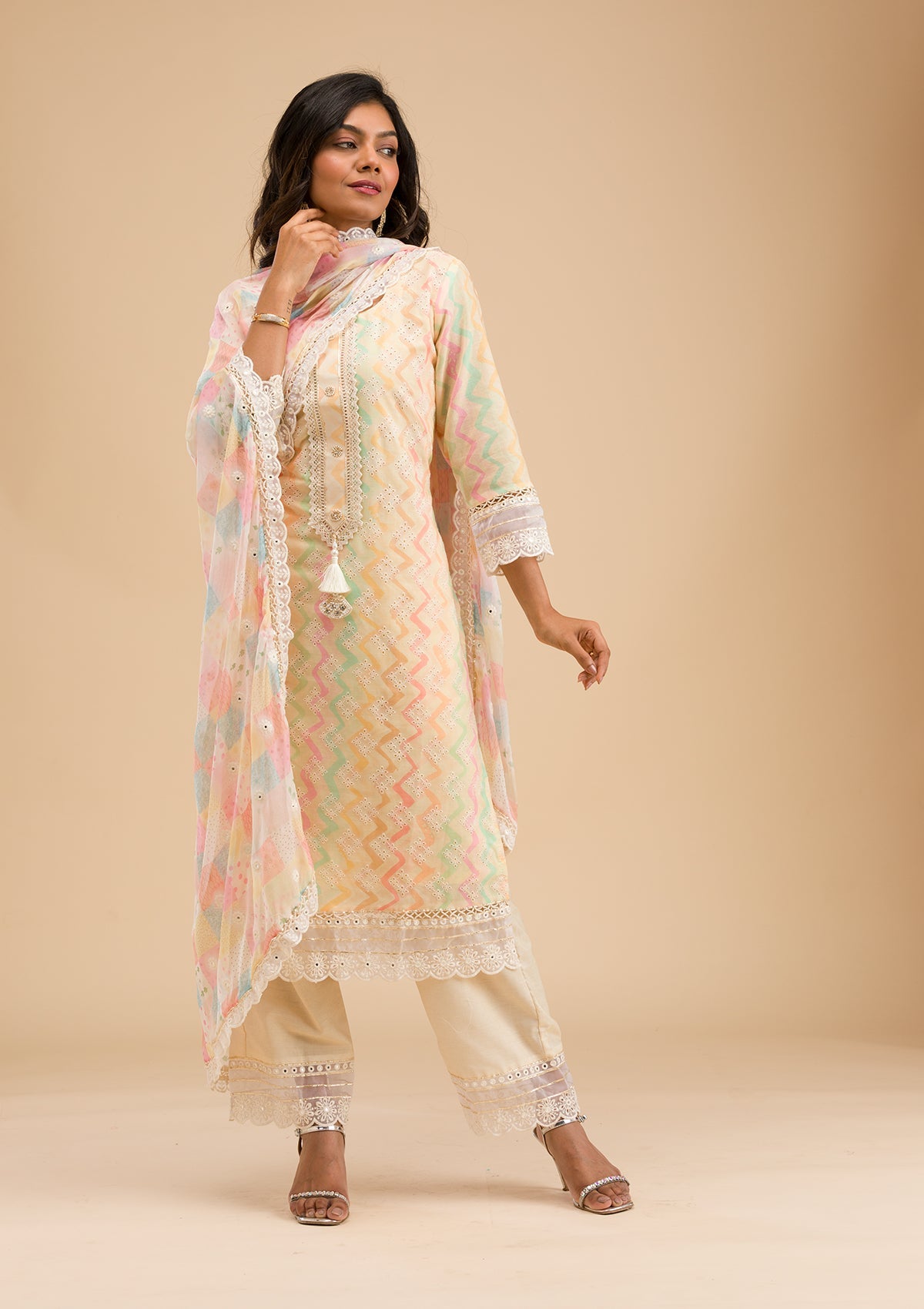 Cream Cutwork Cotton Readymade Salwar Kameez-Koskii