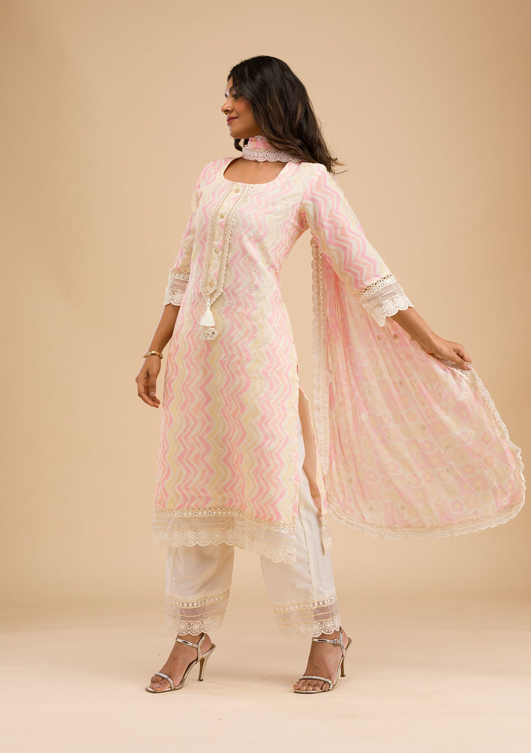 Peach Cutwork Cotton Readymade Salwar Kameez-Koskii