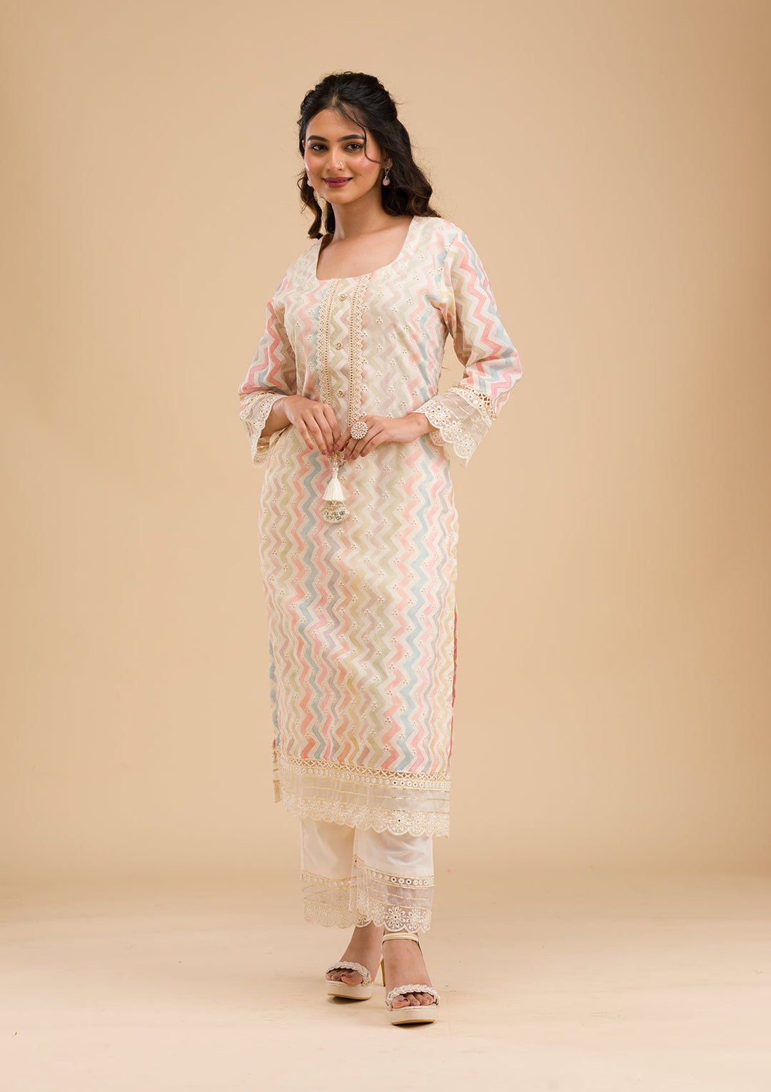Cream Cutwork Cotton Readymade Salwar Kameez-Koskii