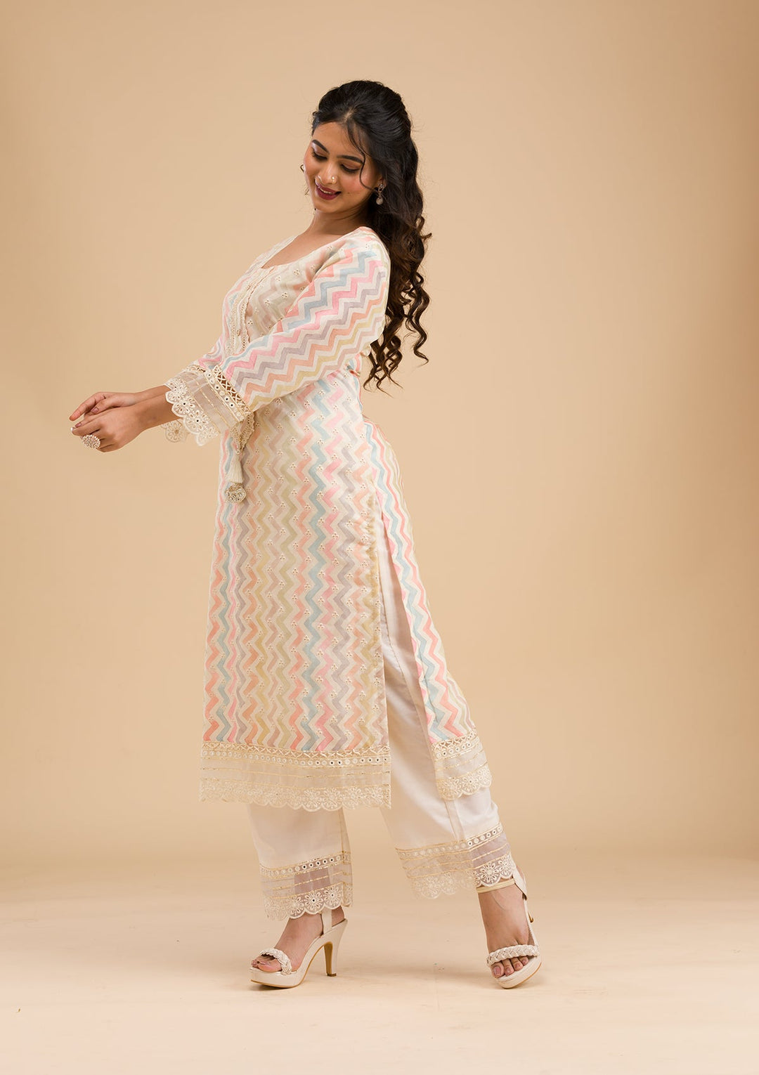 Cream Cutwork Cotton Readymade Salwar Kameez-Koskii