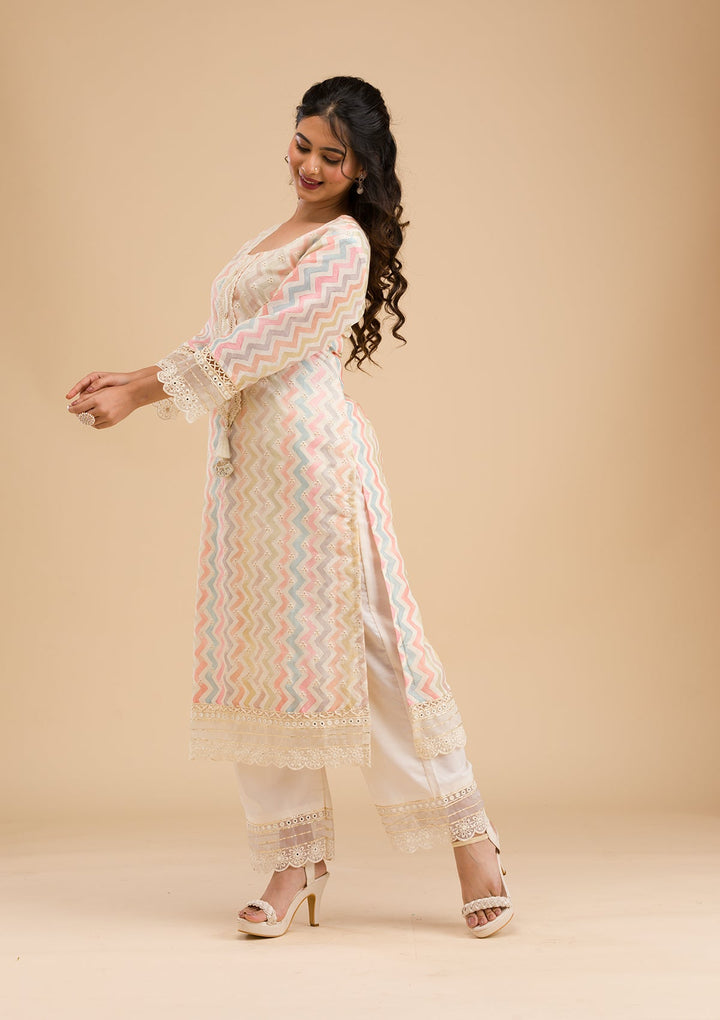 Cream Cutwork Cotton Readymade Salwar Kameez-Koskii