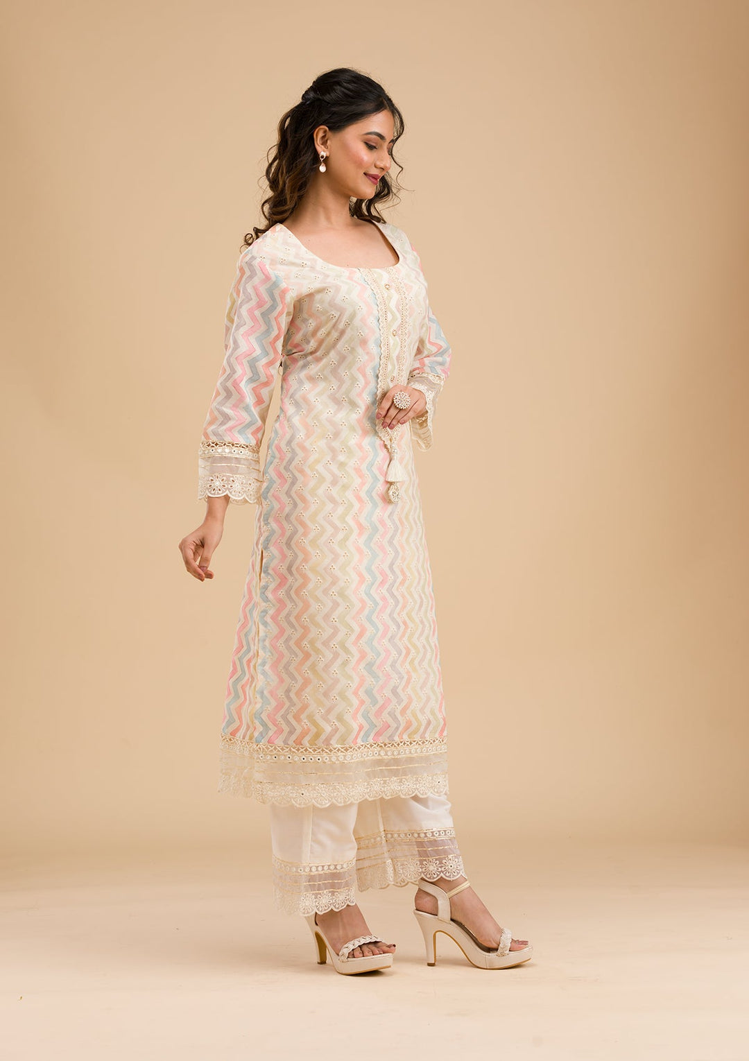 Cream Cutwork Cotton Readymade Salwar Kameez-Koskii