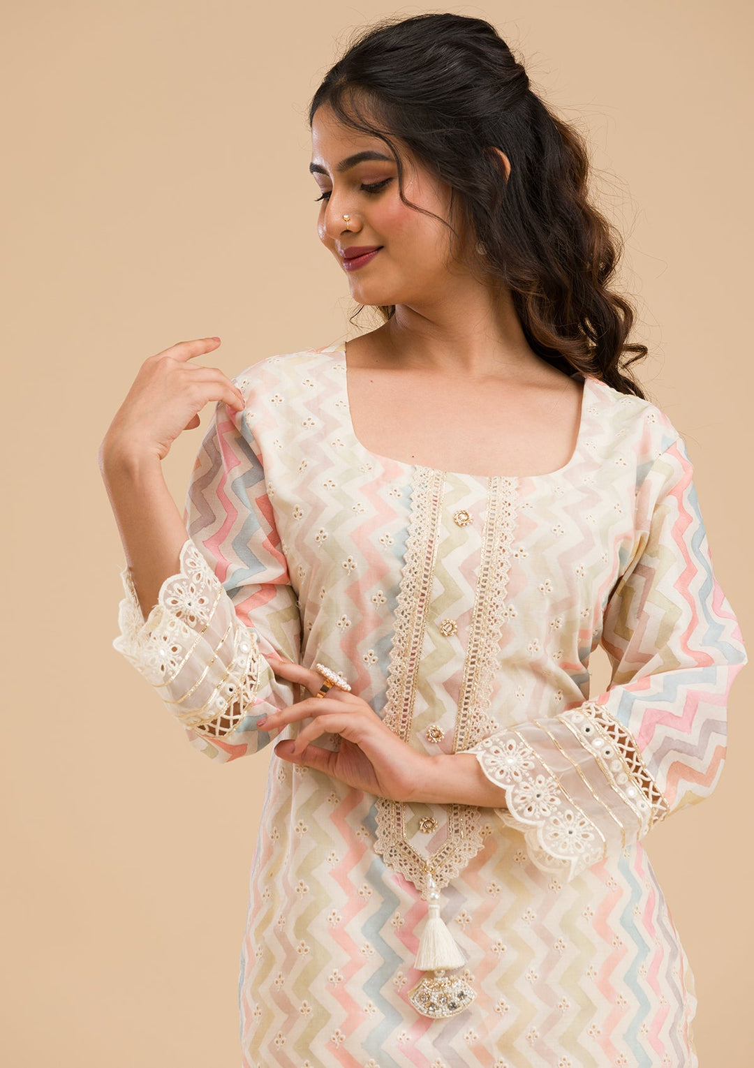 Cream Cutwork Cotton Readymade Salwar Kameez-Koskii
