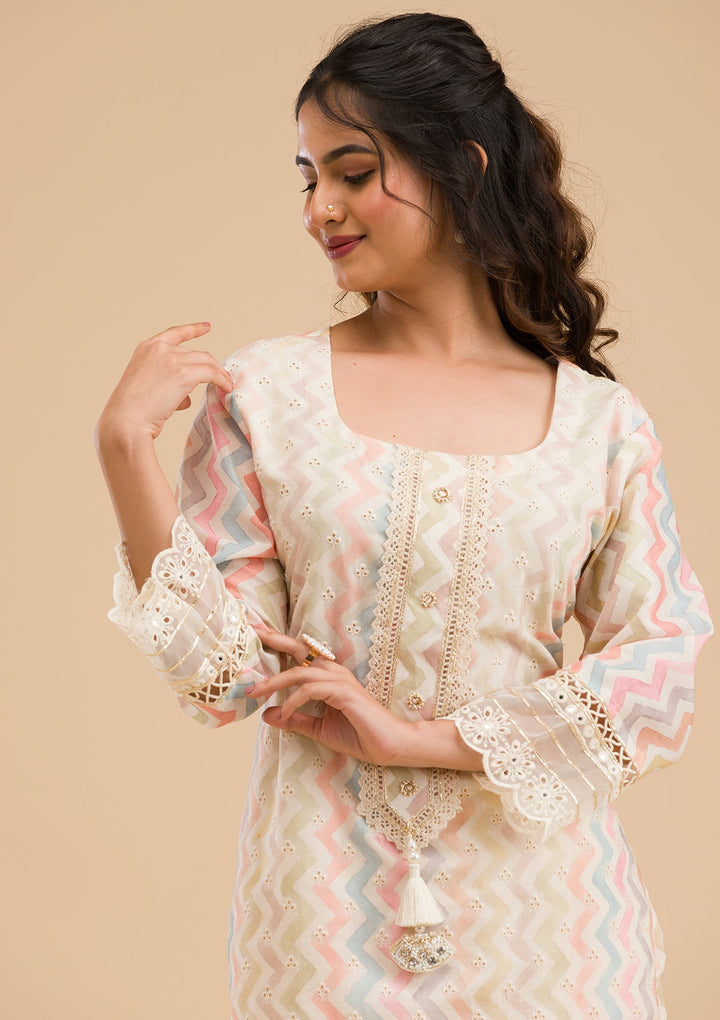 Cream Cutwork Cotton Readymade Salwar Kameez-Koskii