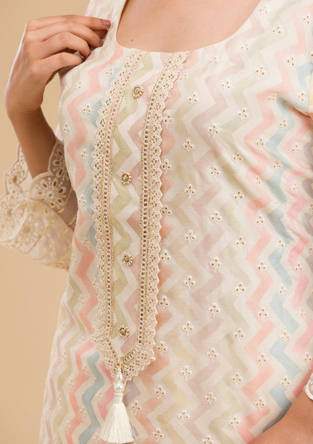 Cream Cutwork Cotton Readymade Salwar Kameez-Koskii