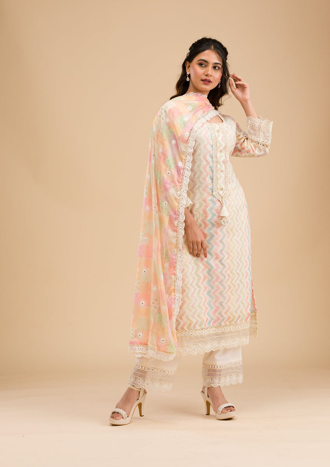 Cream Cutwork Cotton Readymade Salwar Kameez-Koskii