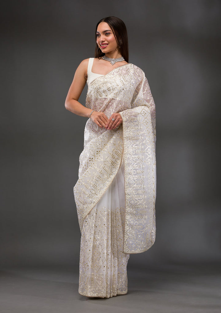 Peacock Blue Stonework Raw Silk Designer Saree-Koskii