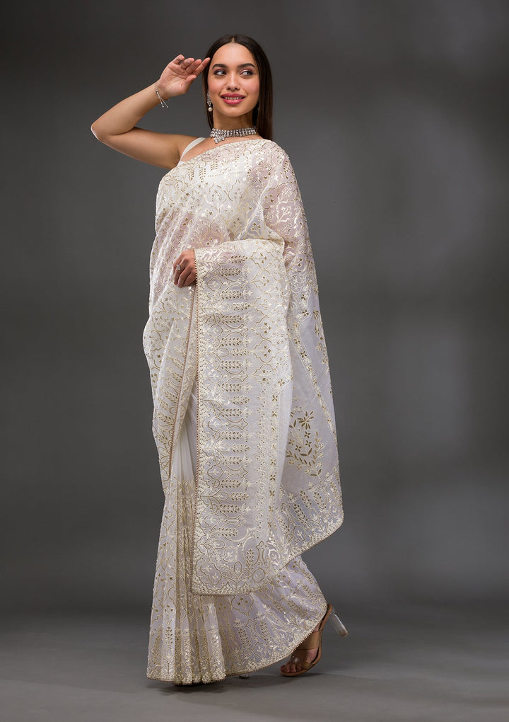 Peacock Blue Stonework Raw Silk Designer Saree-Koskii