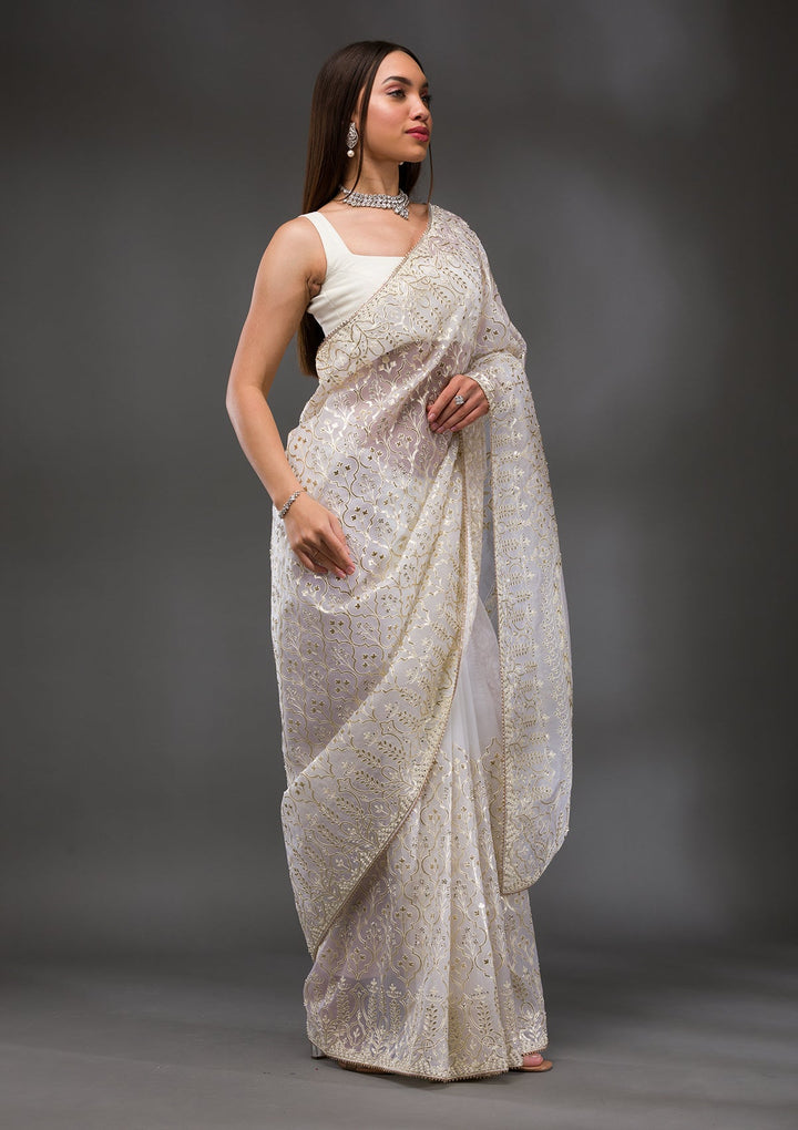 Peacock Blue Stonework Raw Silk Designer Saree-Koskii