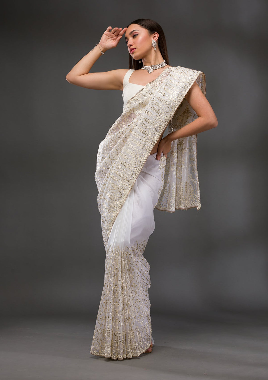 Peacock Blue Stonework Raw Silk Designer Saree-Koskii
