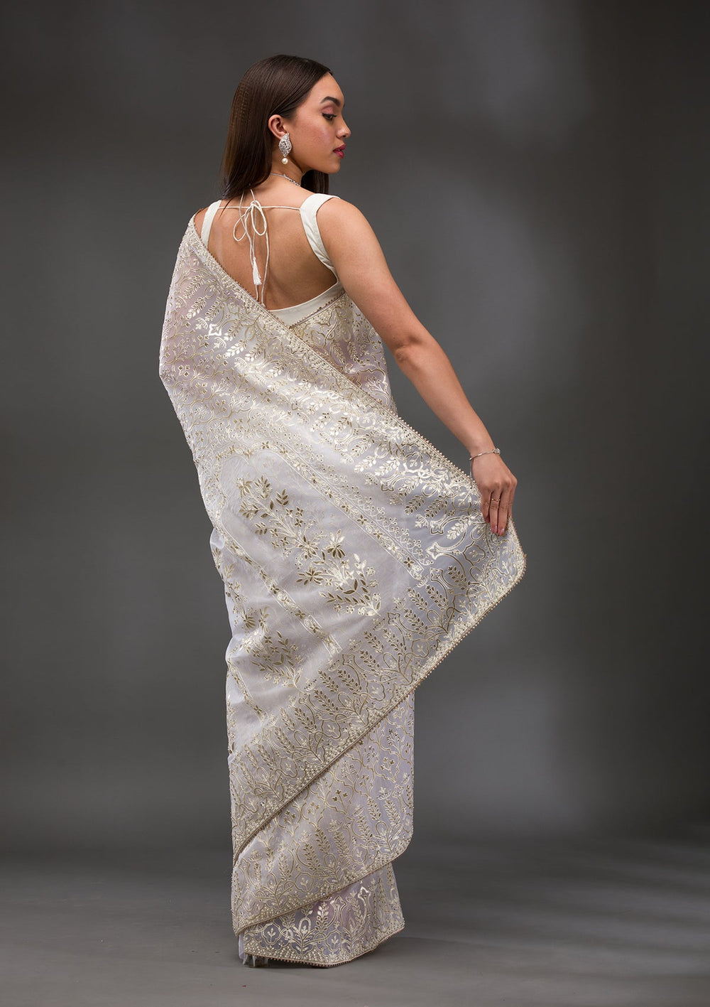 Peacock Blue Stonework Raw Silk Designer Saree-Koskii