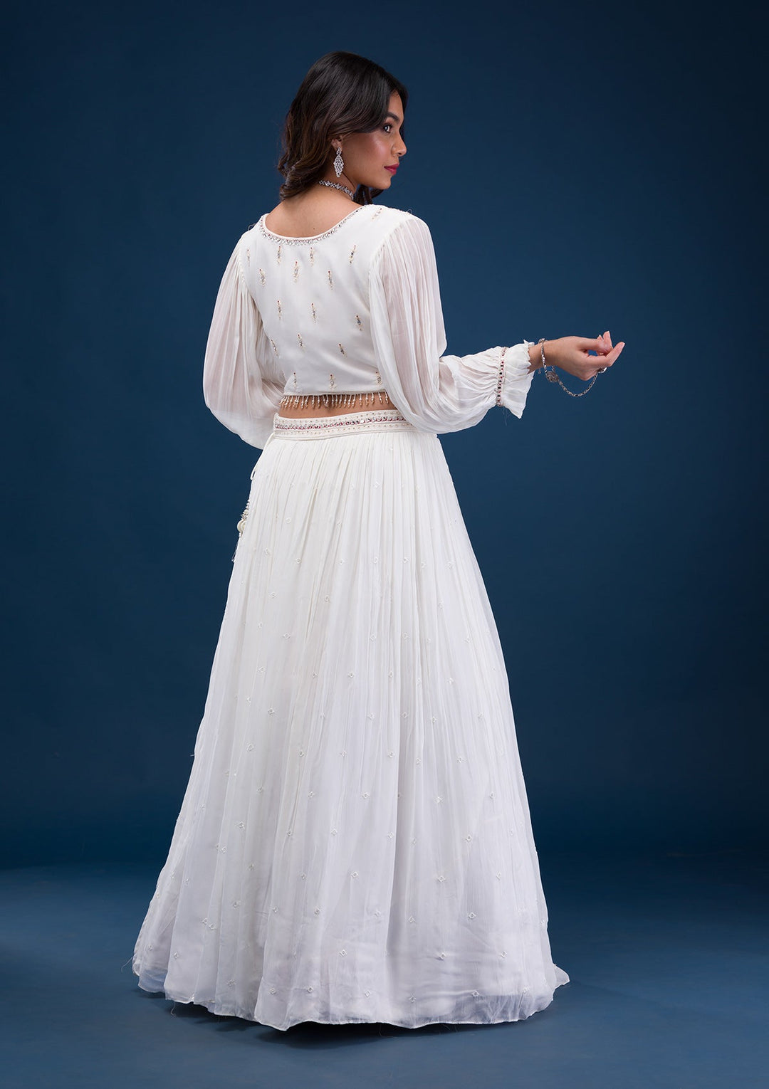 Cream Mirrorwork Georgette Readymade Lehenga-Koskii