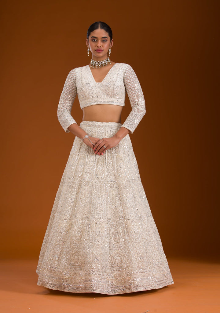 Cream Mirrorwork Net Readymade Lehenga-Koskii