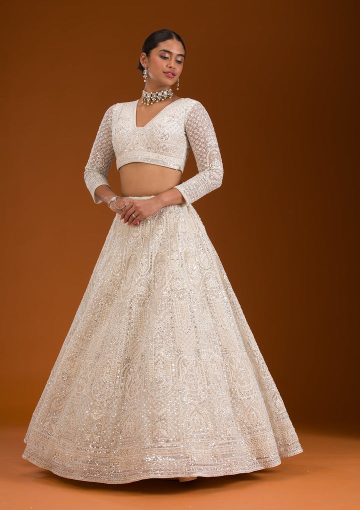 Cream Mirrorwork Net Readymade Lehenga-Koskii