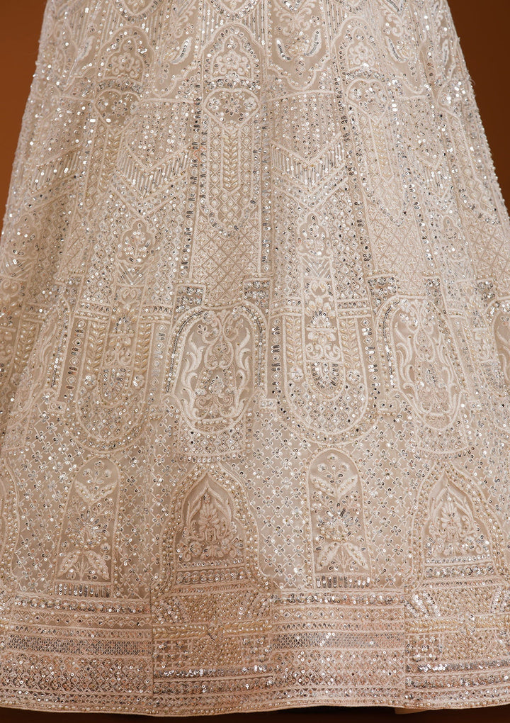 Cream Mirrorwork Net Readymade Lehenga-Koskii