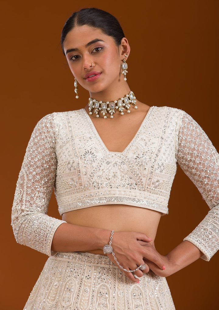 Cream Mirrorwork Net Readymade Lehenga-Koskii