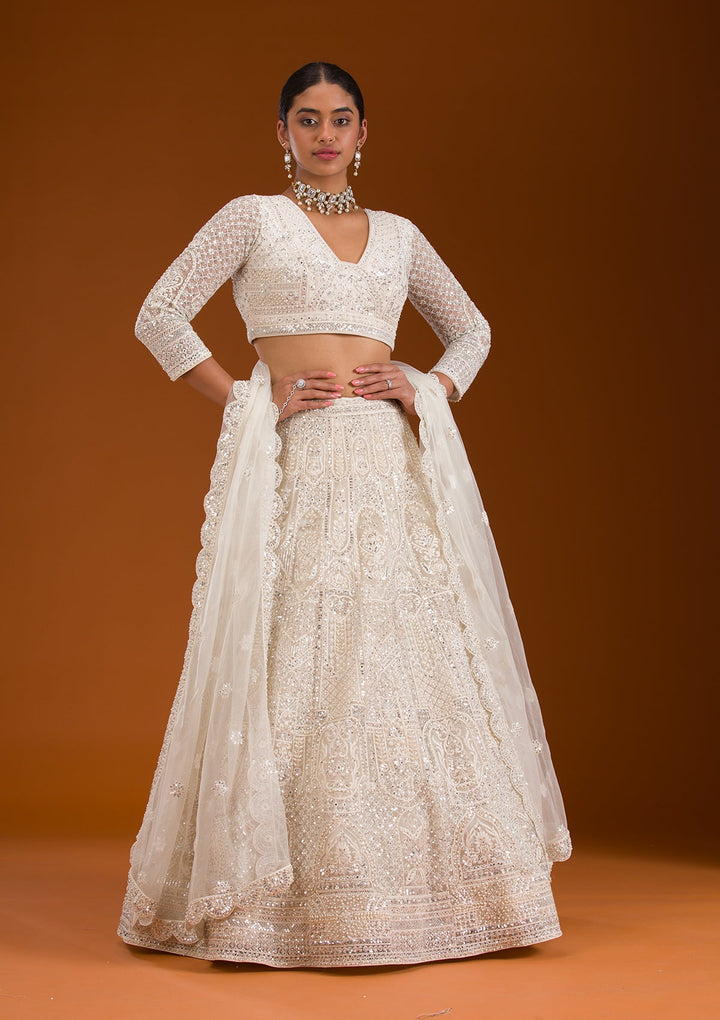 Cream Mirrorwork Net Readymade Lehenga-Koskii
