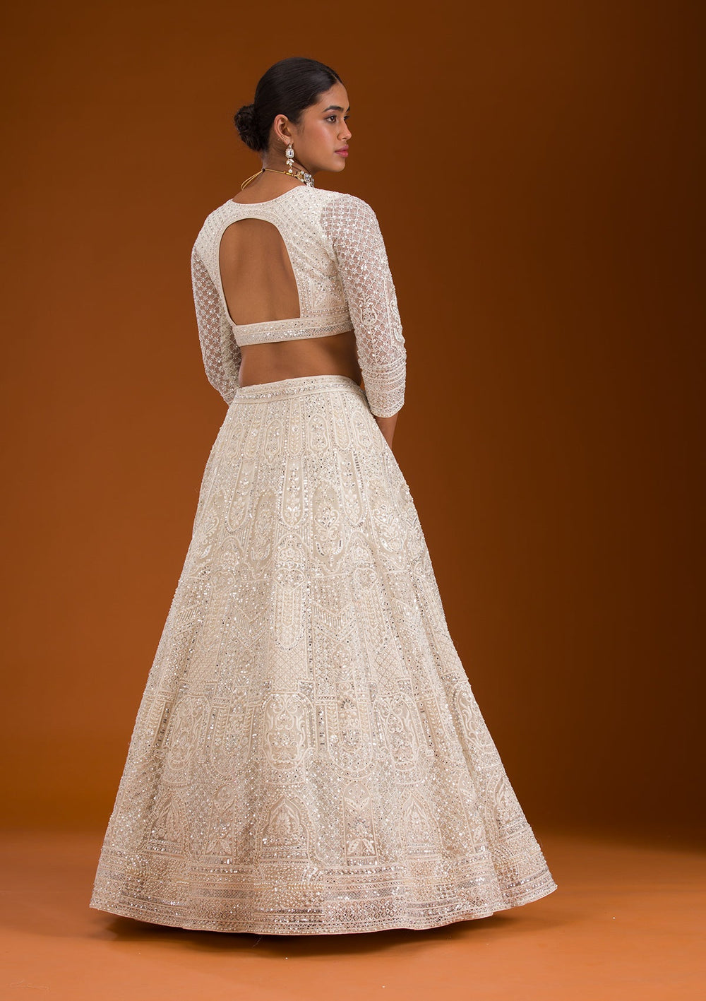 Cream Mirrorwork Net Readymade Lehenga-Koskii