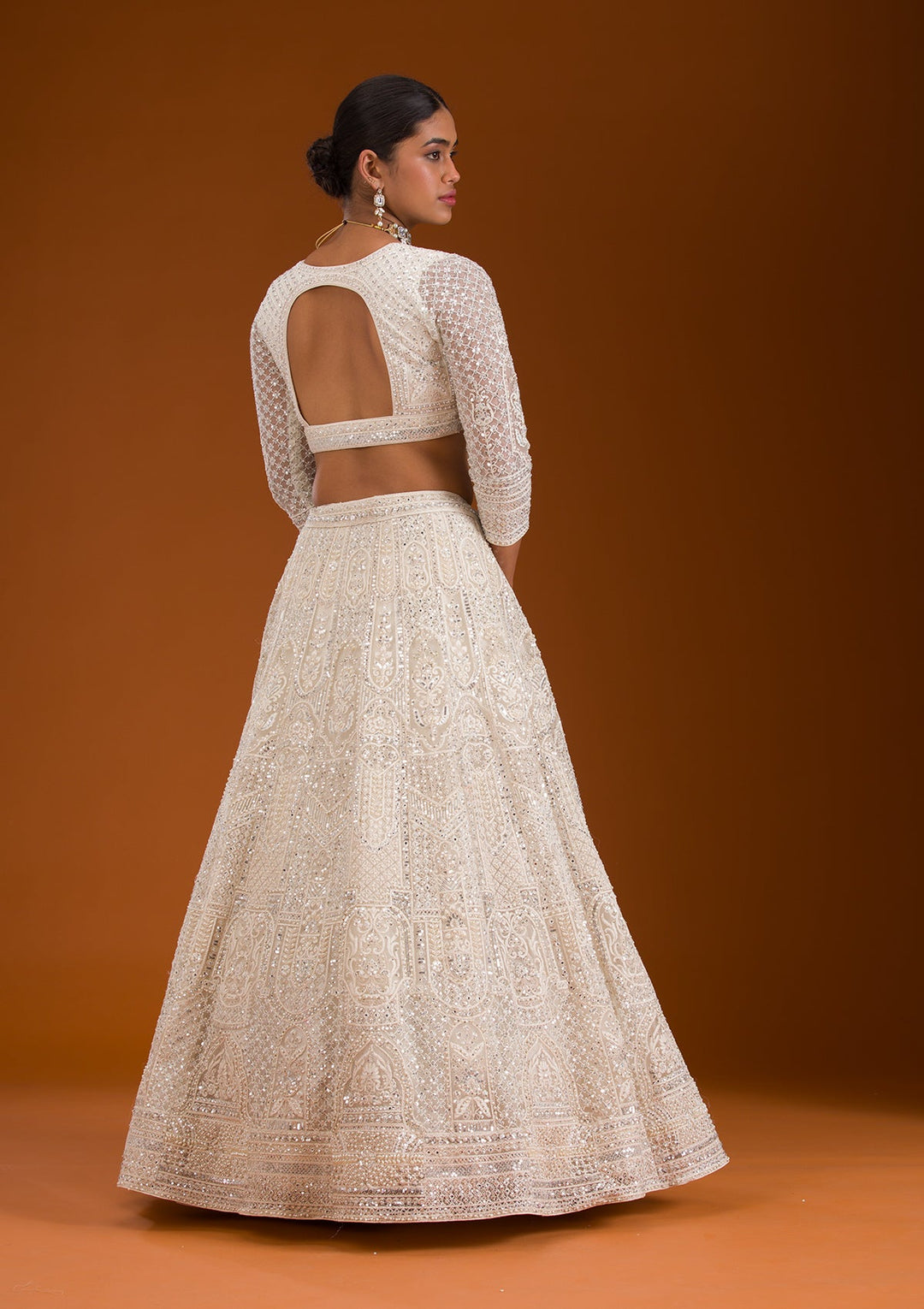 Cream Mirrorwork Net Readymade Lehenga-Koskii