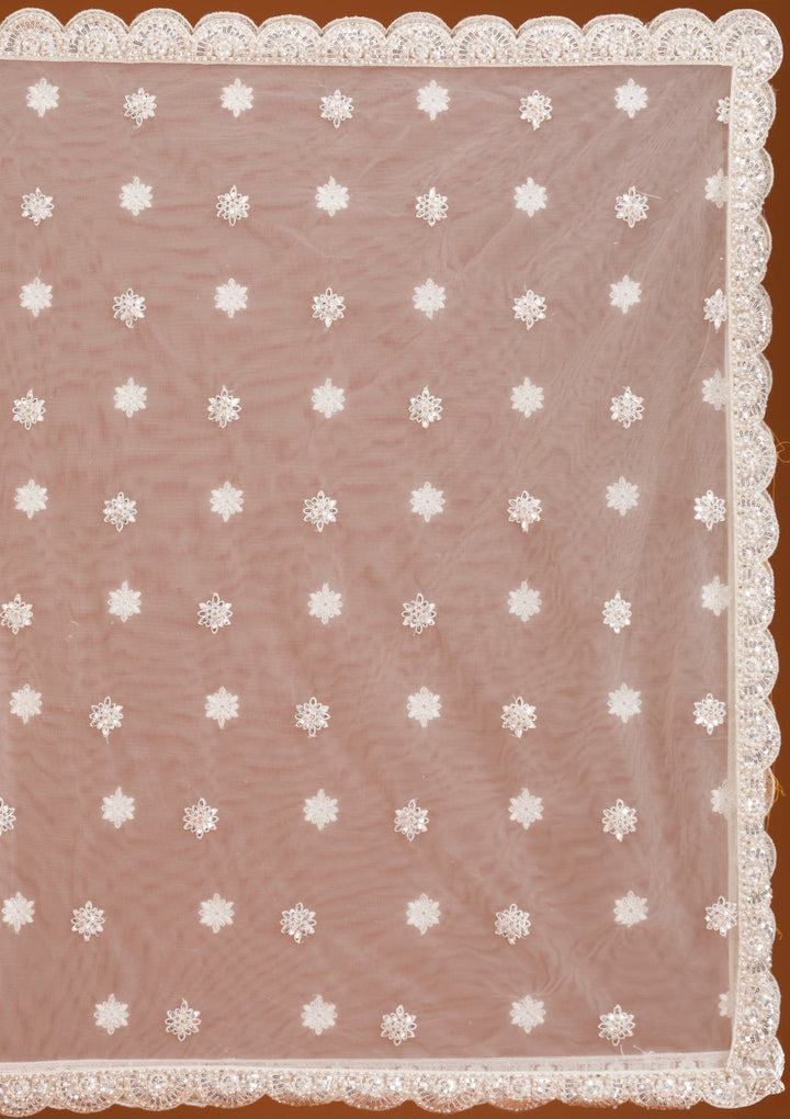 Cream Mirrorwork Net Readymade Lehenga-Koskii