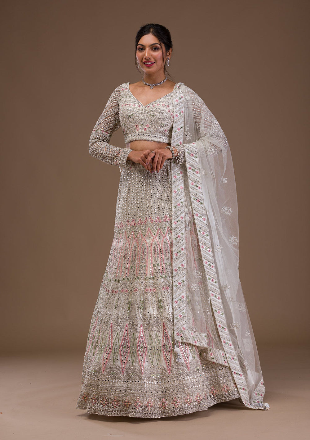 Cream Mirrorwork Net Readymade Lehenga-Koskii