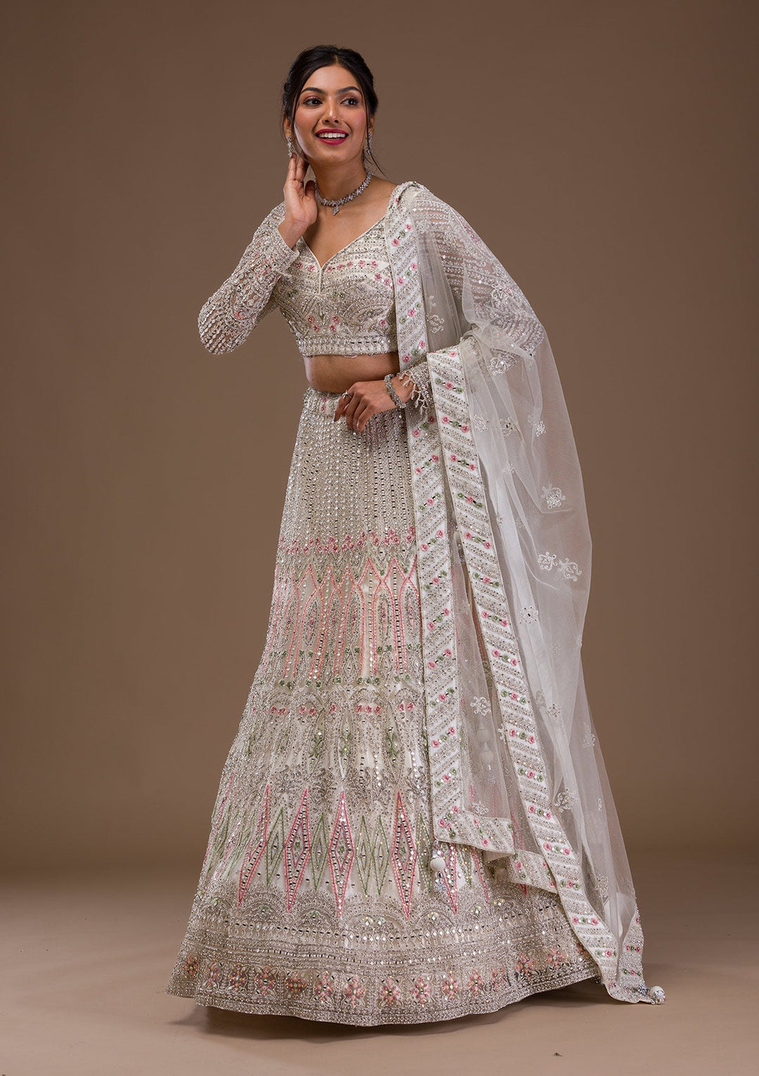 Cream Mirrorwork Net Readymade Lehenga-Koskii