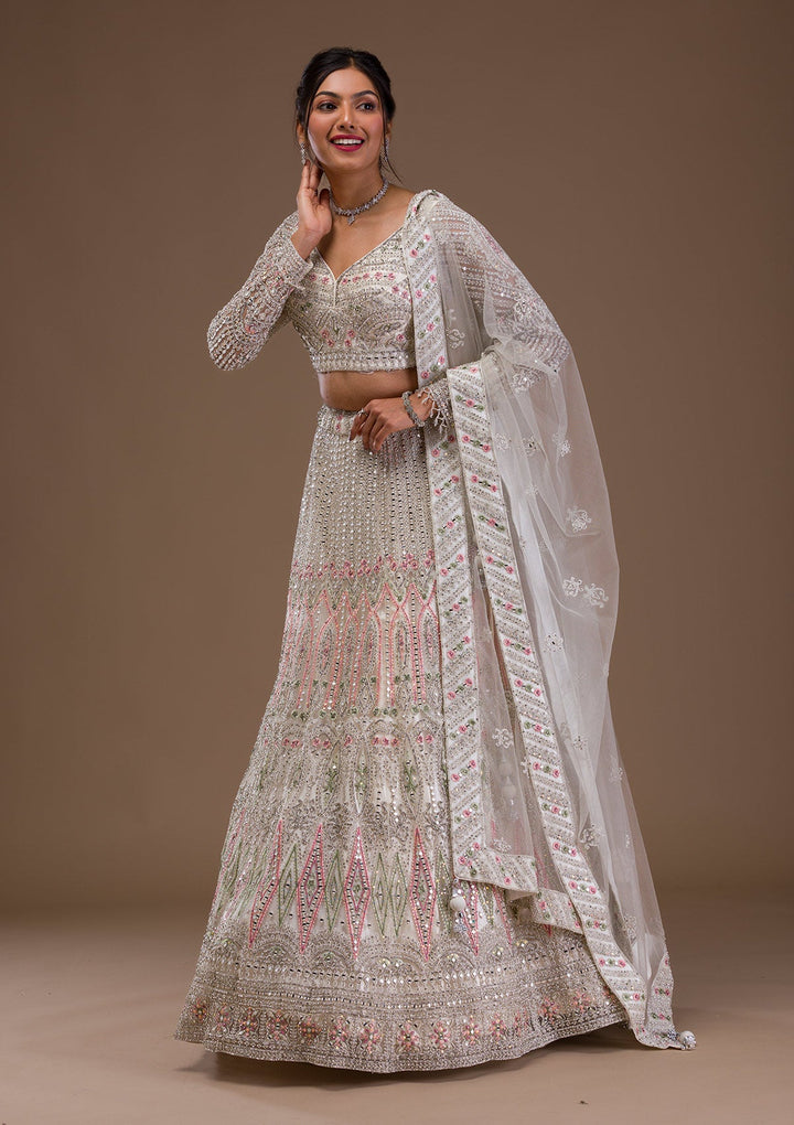 Cream Mirrorwork Net Readymade Lehenga-Koskii
