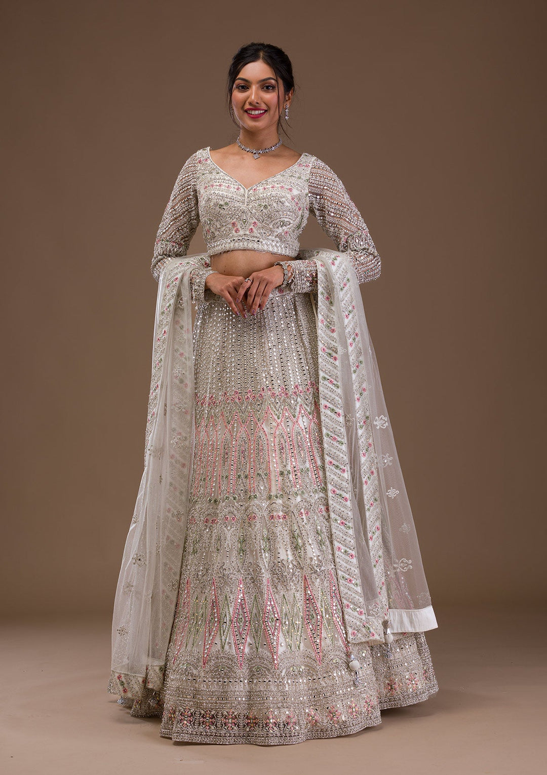 Cream Mirrorwork Net Readymade Lehenga-Koskii