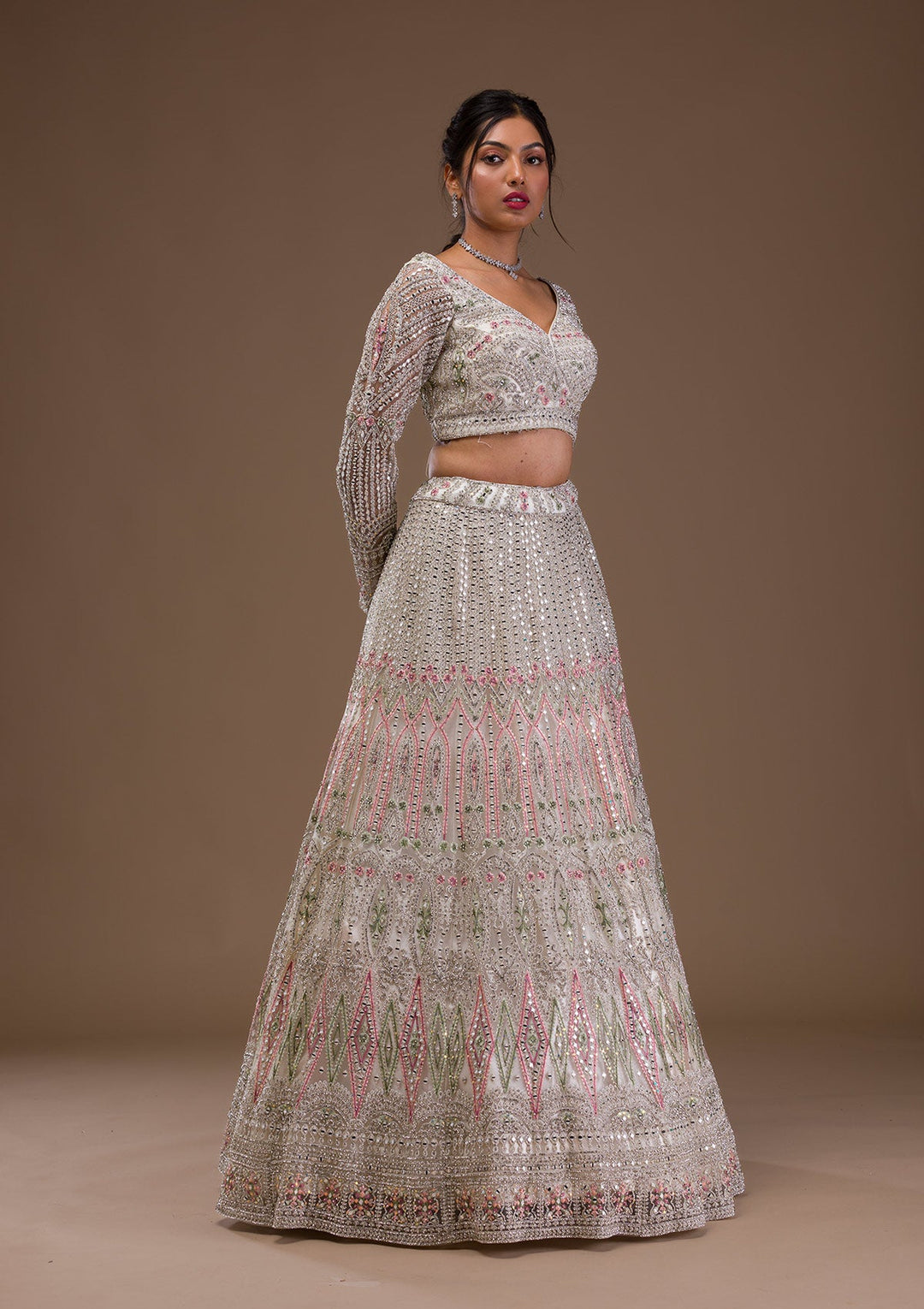 Cream Mirrorwork Net Readymade Lehenga-Koskii