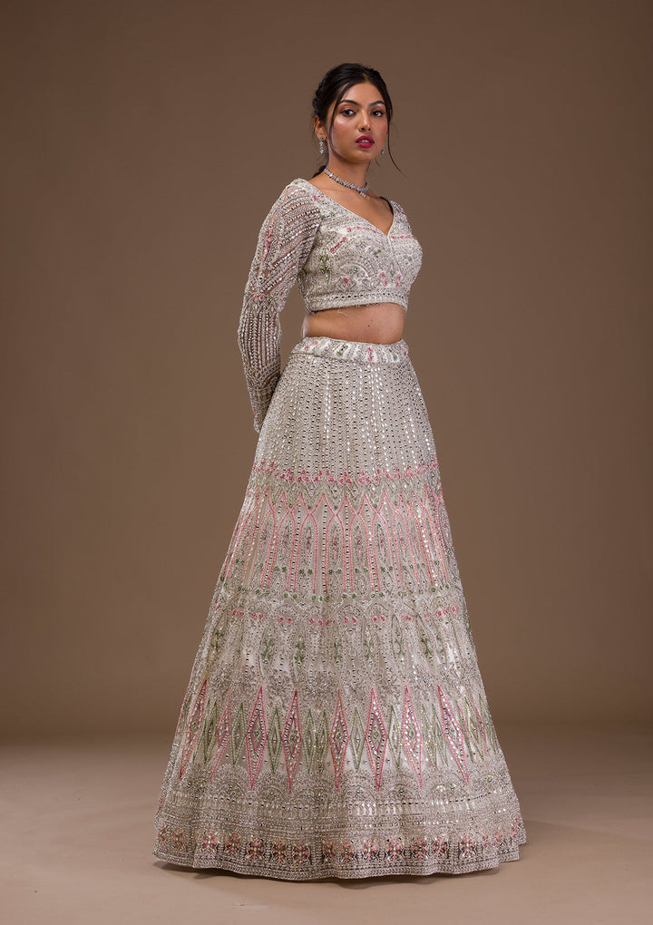 Cream Mirrorwork Net Readymade Lehenga-Koskii