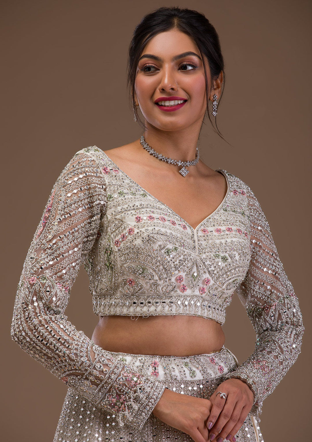 Cream Mirrorwork Net Readymade Lehenga-Koskii