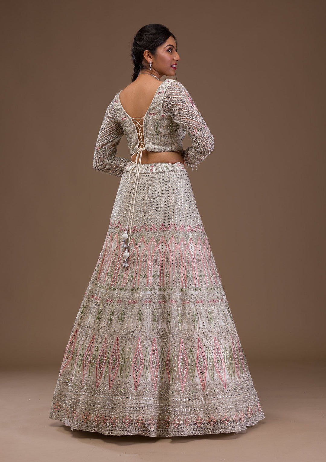 Cream Mirrorwork Net Readymade Lehenga-Koskii