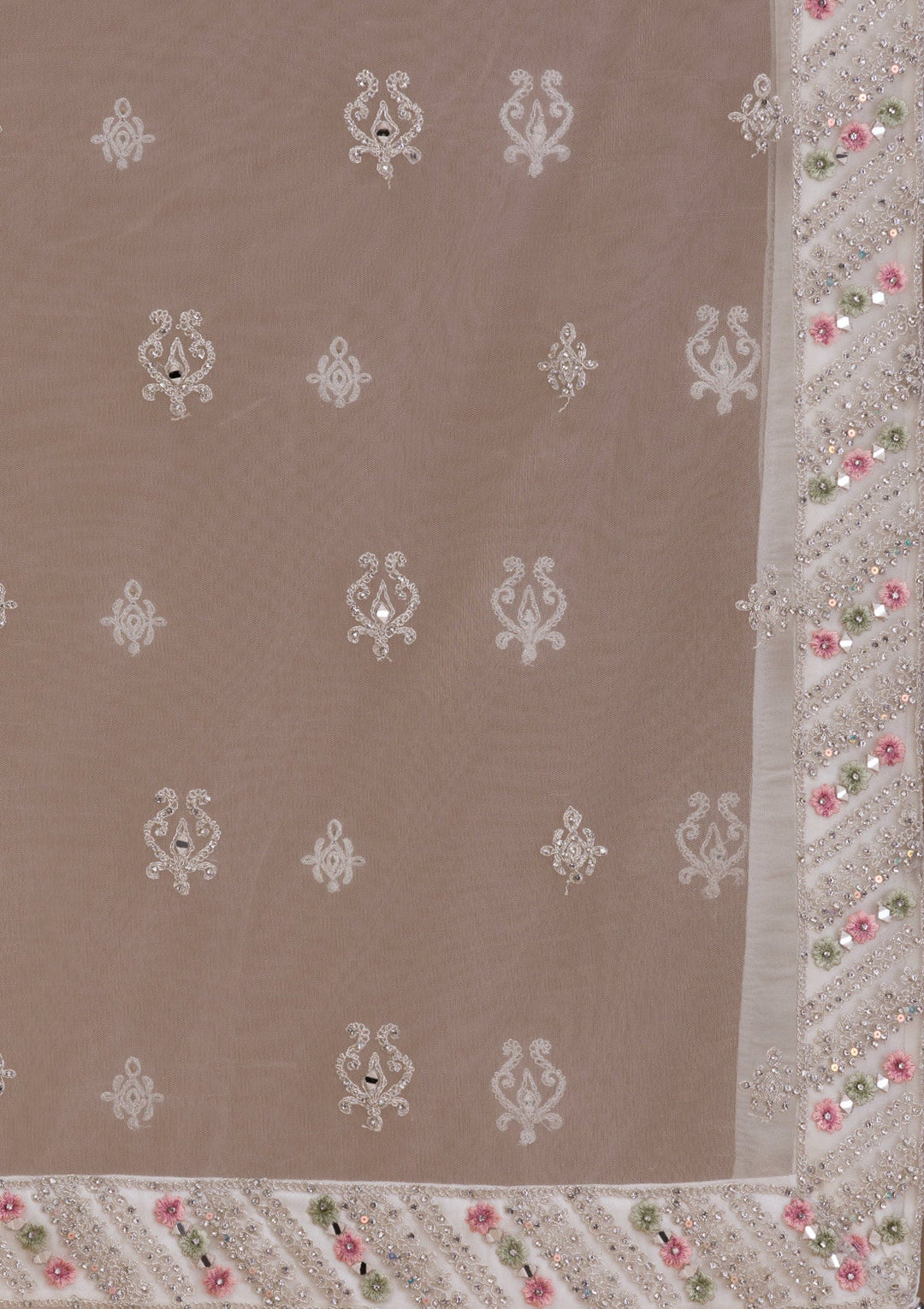Cream Mirrorwork Net Readymade Lehenga-Koskii