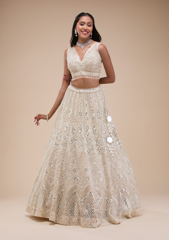 Cream Mirrorwork Net Readymade Lehenga-Koskii