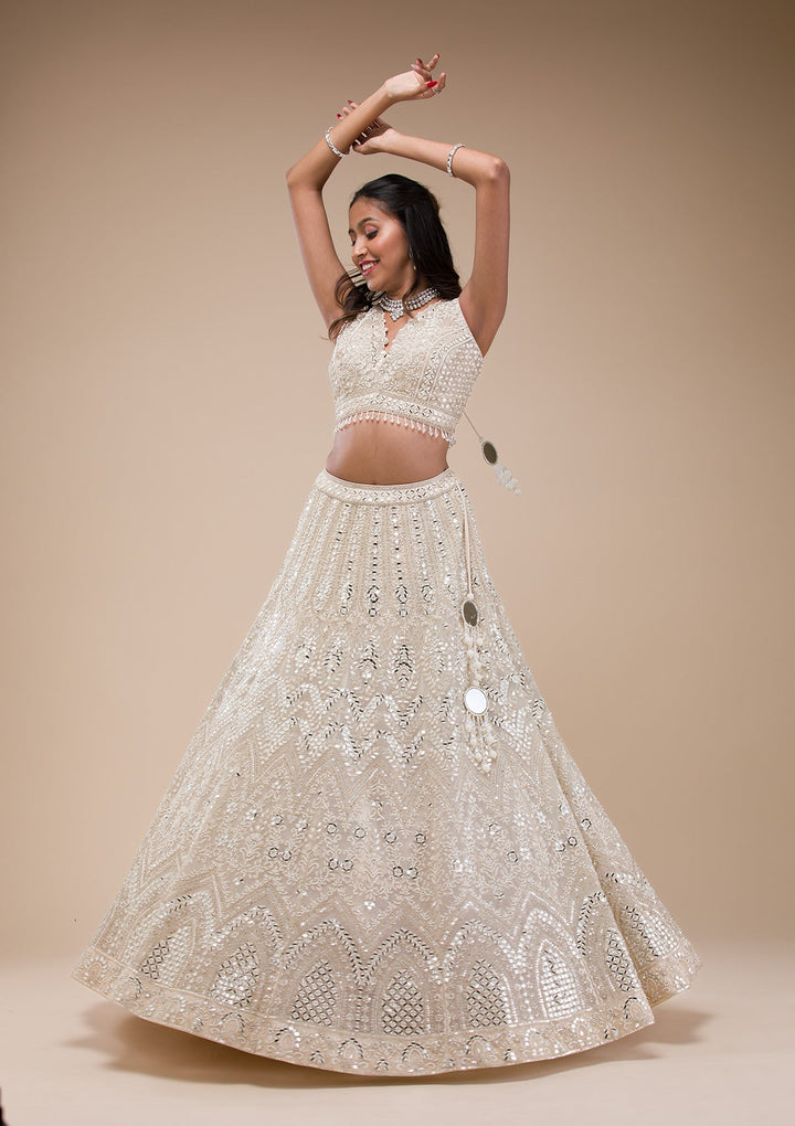 Cream Mirrorwork Net Readymade Lehenga-Koskii